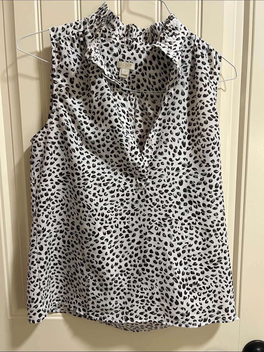 J. Crew Sleeveless Leopard Spot V-Neck Ruffle Collar Top - White/Black